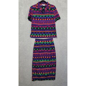 Joan Leslie Blouse Skirt Set Size‎ 4P Vintage 80's 90's Petite Guatemal Colorful